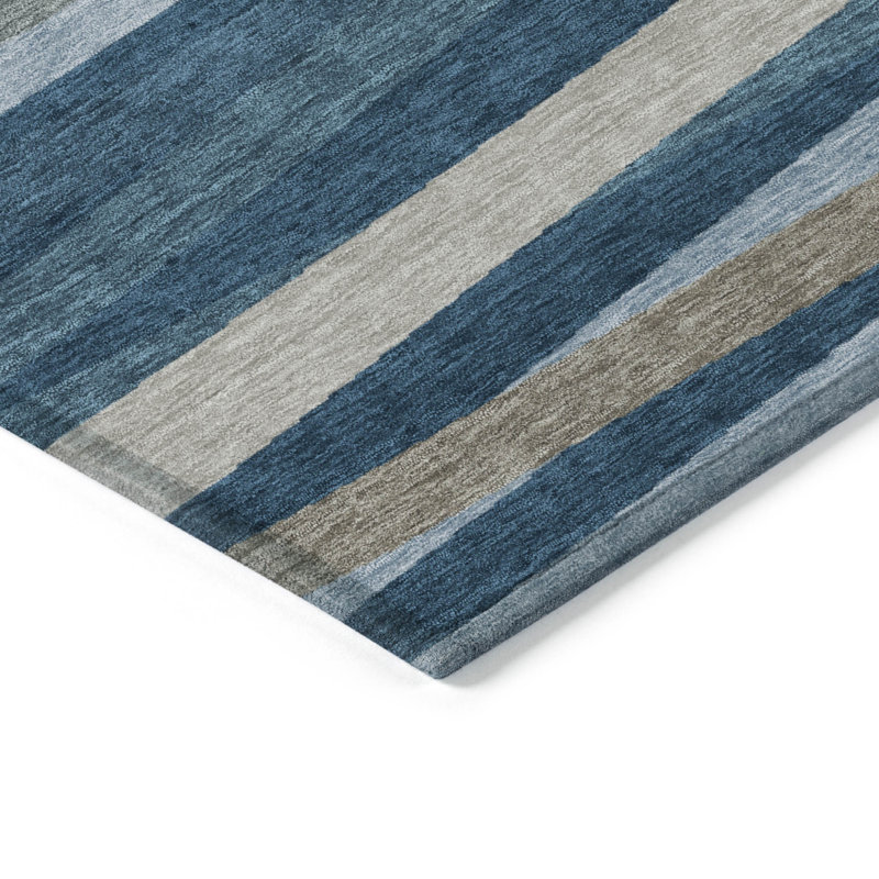 3' X 5' Denim Blue And Gray Striped Washable Indoor Outdoor Area Rug
