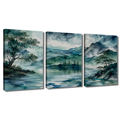 3‑panel wall art Blue Mountain Lake Watercolor Landscape Print