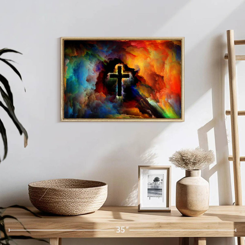 Croix colorée, Cadre flottant en bois naturel, 19 po x 13 po