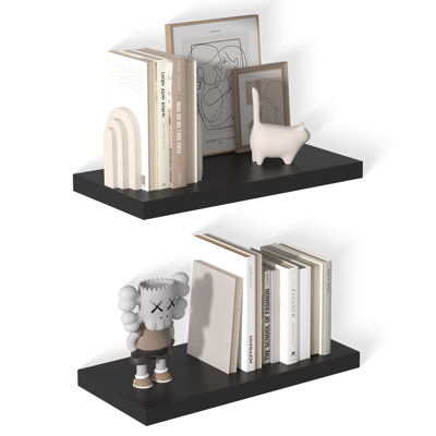  Large Floating Shelves for Wall Set of 2 Wooden Wall Shelves 24 in x 12.75 in x 2 in Room Decor Long Shelf with Invisible Wall Mount Bracket for Bedroom, Kitchen, Living Room, Black