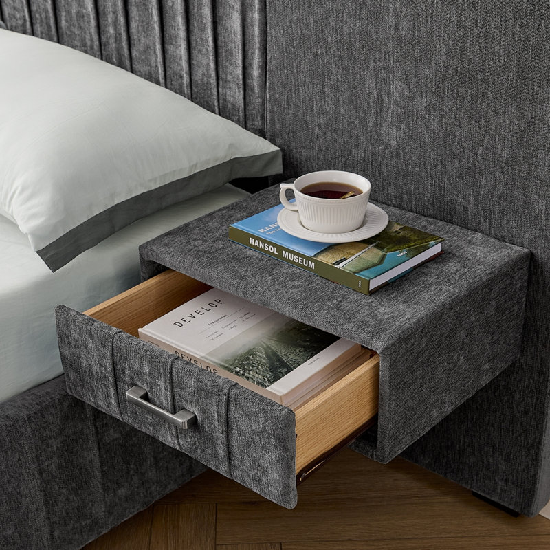 Lit plateforme grand format avec tête de lit et structure solide avec table de chevet, Gris foncé