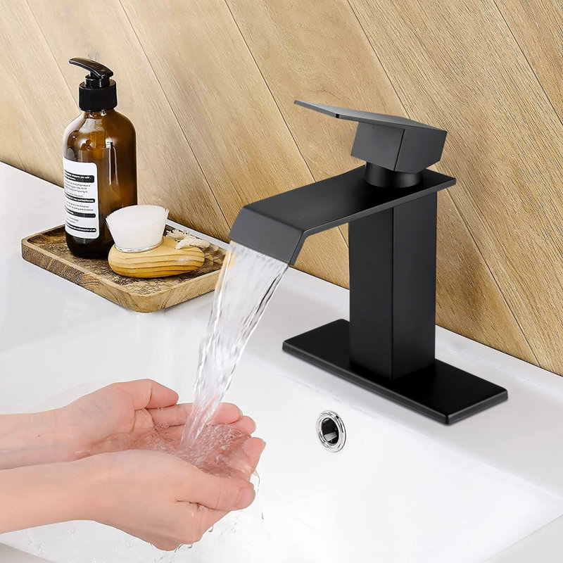 Robinet de salle de bain Waterfall pour lavabo monotrou, bonde escamotable avec trop-plein, Noir mat
