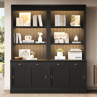 Ensemble de bibliothèque noire de 83,4 po de hauteur avec éclairage à DEL, portes coulissantes à fonctionnement doux, deux tiroirs et tablettes ouvertes, bois massif épaissi pour plus de durabilité, bureau à domicile moderne de 83,4 po de hauteur, couleur