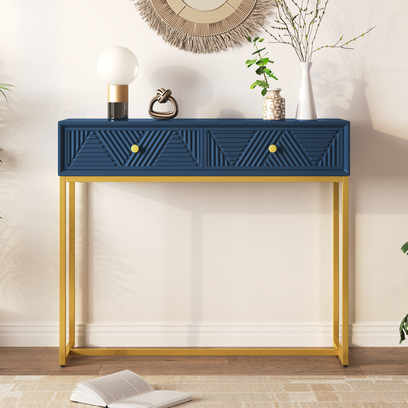 Console moderne avec deux tiroirs de rangement et un design à rayures, table de canapé d'entrée élégante pour le salon et le couloir, bleu marine