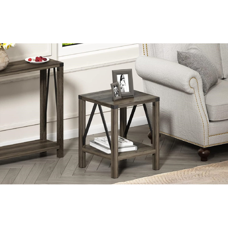 Grey Wash Wood and Metal Farmhouse Side Table Set of 2