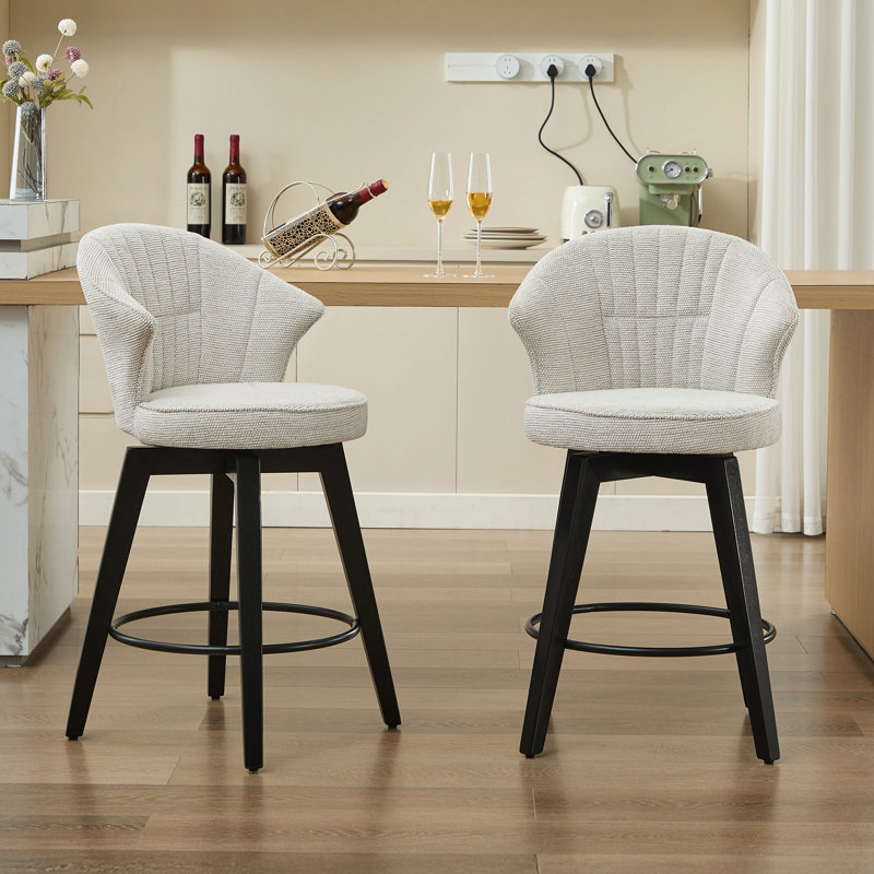 Wing Back Swivel Bar Stools Set Of 2 - 25" Counter Height Adjustable Stools With Solid Wood Legs & Chenille Upholstery, Leveling Feet For Kitchen Island, Home Pub Or Dining Room