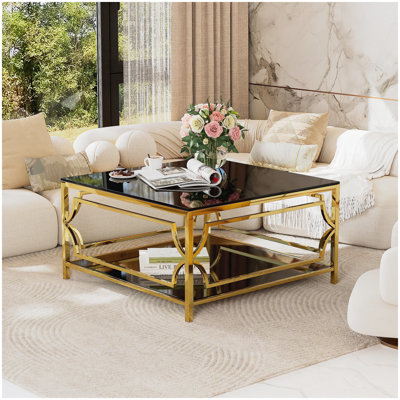 Table basse carrée en verre de 33,5 po, structure géométrique luxueuse en métal, finition dorée et tablette inférieure