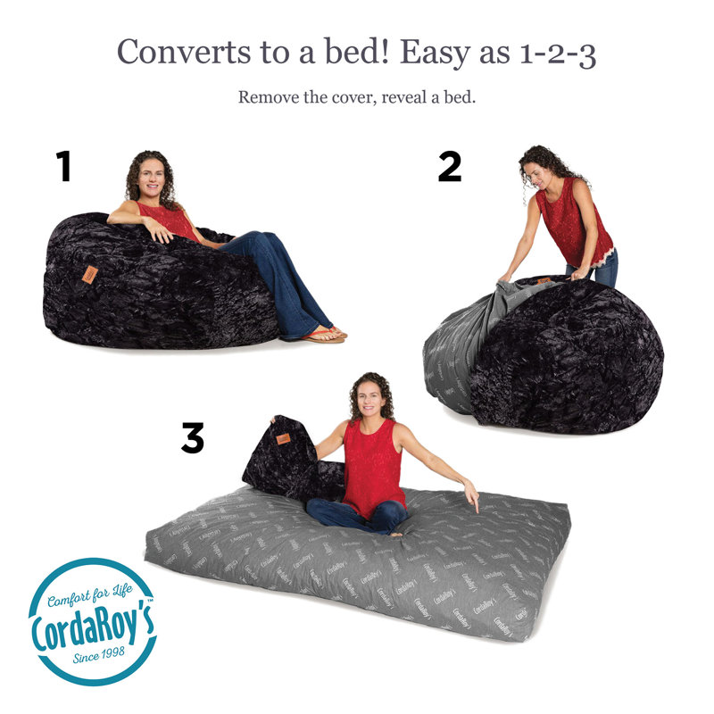 CordaRoy's Faux Fur Convertible Bean Bag Chair, Black Faux Fur, Medium (Queen)