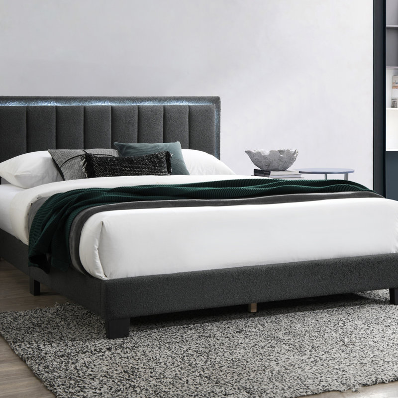 Lit 1pc grand lit en tissu de laine gris anthracite capitonné avec cadre de lit double à DEL, Gris anthracite