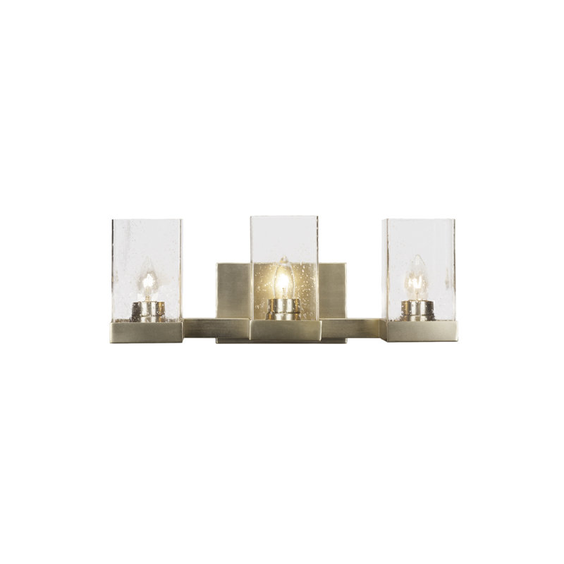 Karson 3 Light Bath Bar Shown In New Age Brass Finish With 4" Square Glass, Clear Bubble, New Age Brass