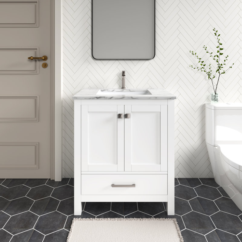 Ensemble de meuble-lavabo autoportant 30 po Anvay en blanc mat avec plateau en marbre de Carrare, Blanc