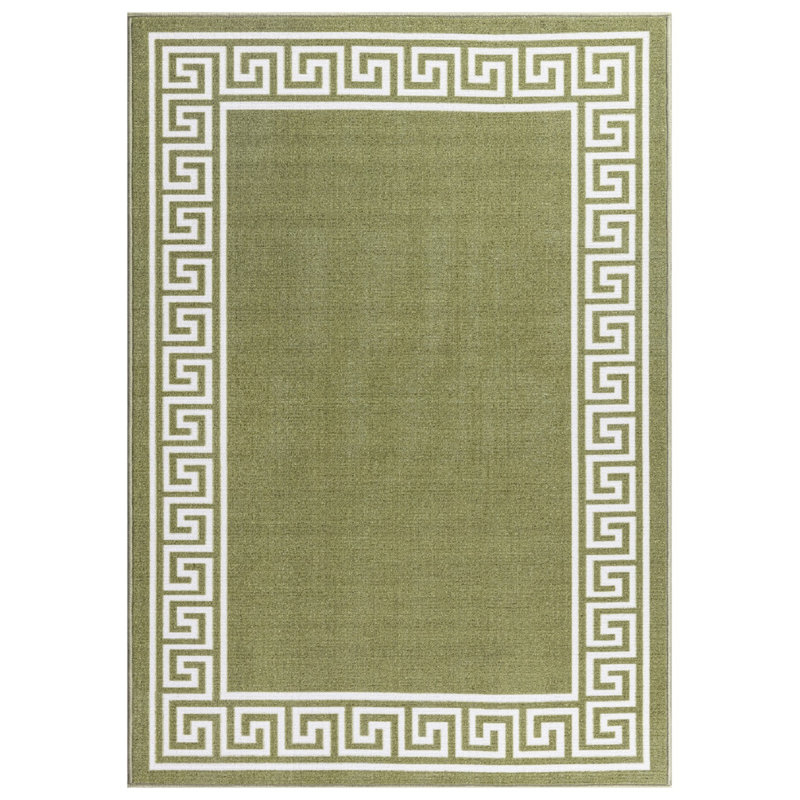 Greek-Key Green Cream Non-Slip Polypropylene Area Rug — Washable Door Mat & Hallway Runner for Living Room, Kitchen & Bedroom