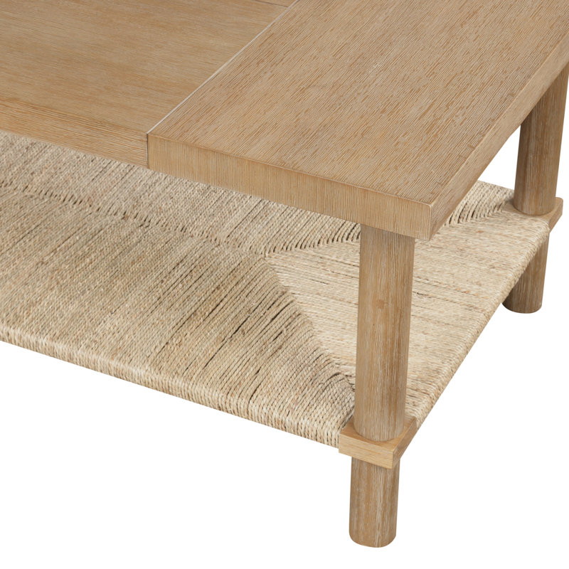 Beacon Bohemian Style Rectangle Coffee Table, Seagrass Bottom Shelf, Solid Wood Legs