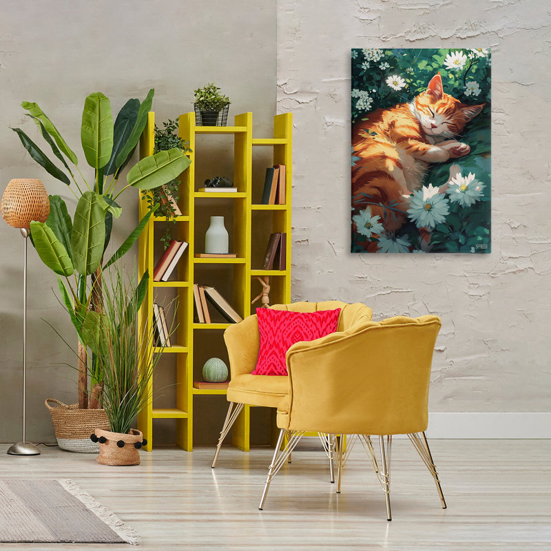Chat qui dort dans un pré, art mural sur toile par Roozbeh Bahramali, H 36 po x l 24 po