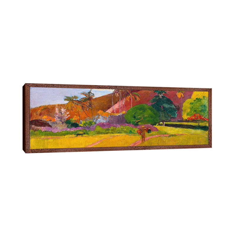 Tahitian Landscape by Paul Gauguin - Panoramic Painting on Canvas, 30.48 cm H x 91.44 cm W, Brown Floater Framed