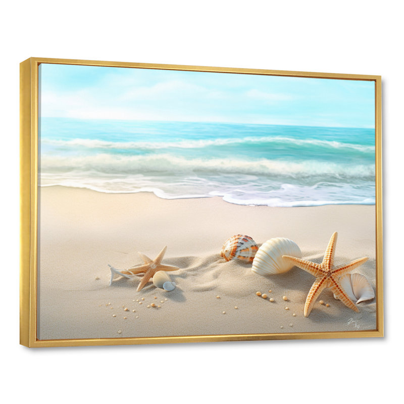 Étoile de mer et coquillages I - art mural moderne grande plage, H 30 po x l 40 po x P 1,5 po, Cadre flottant doré