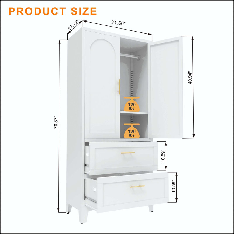 Grande armoire 71 po en métal avec 2 tiroirs et tablette réglable
