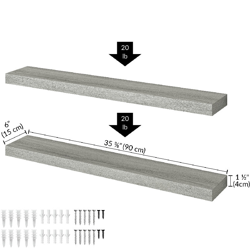 Gray Oak 36'' Floating Wall Shelves Set with Invisible Brackets