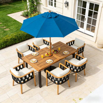 William Patio 7-Piece Acacia Wood Dining Set With Flat Rope & Cushions