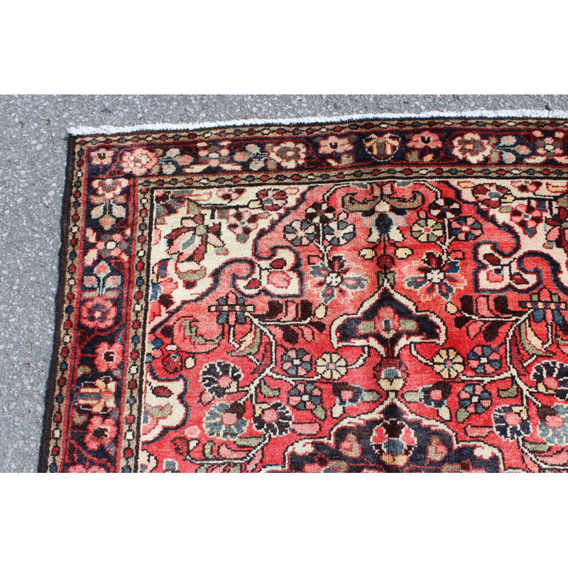 Tapis décoratif en laine rouge noué à la main de conception unique 3 pi 8 po x 5 pi 5 po Briya