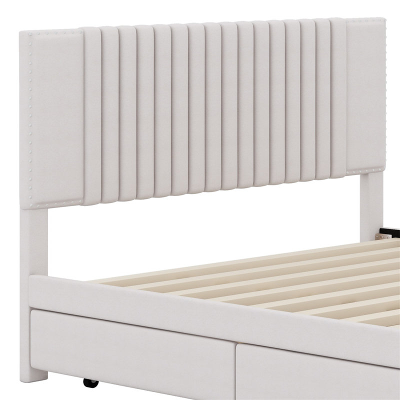 Lit plateforme tapissier avec tiroirs et lit gigogne, Beige, Grand