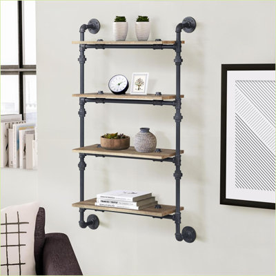 Industrial 4-Tier Wall Shelf, Oak &amp; Sandy Black | Wood+Metal | Primary Living Space