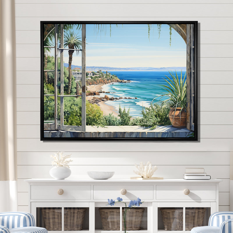 Seaside, vue tropicale I - Fenêtres côtières, art mural, H 34 po x l 44 po x P 1,5 po, Cadre flottant noir