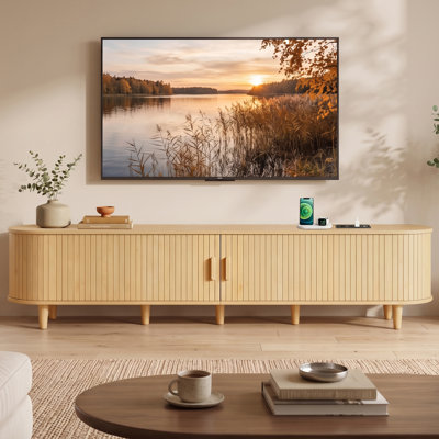 90" Mid Century Modern TV Stand With Power Outlets & Storage Shelves to Fit up to 95" TVs, Wood Media Console Tambour Door For Living Room And Bedroom,Oak