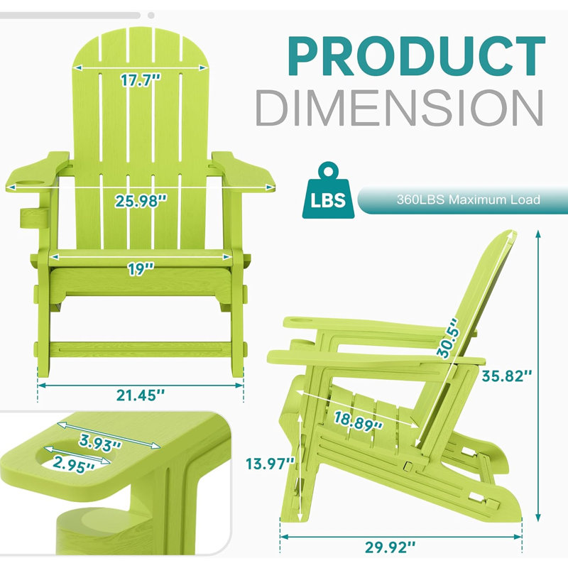 Adirondack Chair Set Of 2,HDPE Adirondack Chairs W/Removable Tablelop & Umbrella Hole,All-Weather Wooden Textured Plastic Outdoor Chairs W/Cup Holders For Garden Backyard Pool,Green