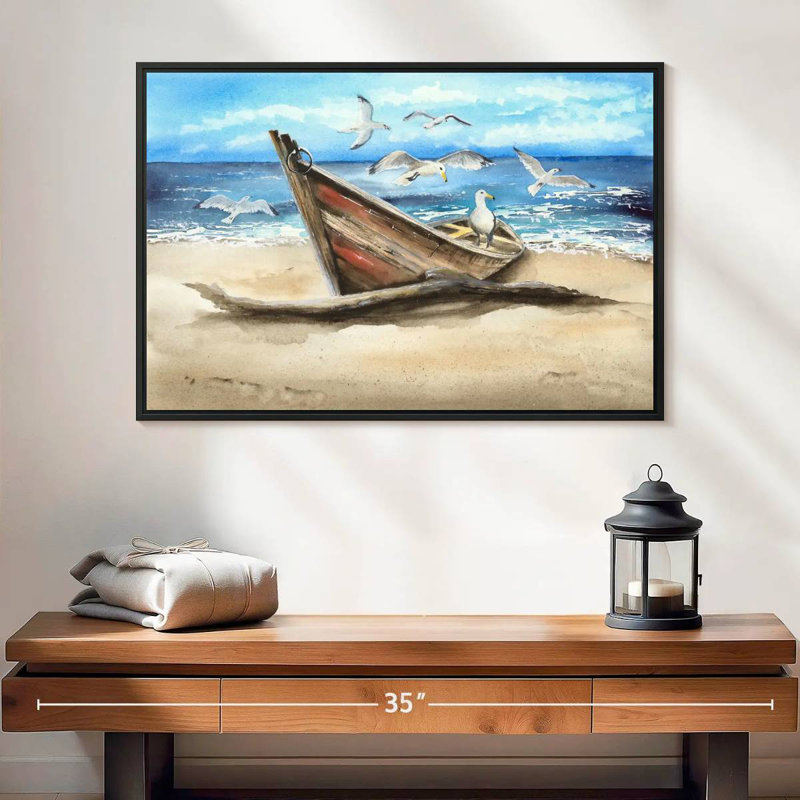 Mouettes et bateau, 25 po x 17 po, Cadre flottant noir