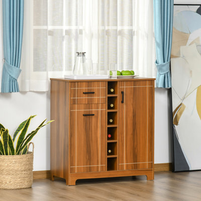 Armoire à vin brune - rangement pour 6 bouteilles avec tiroir et porte-verre
