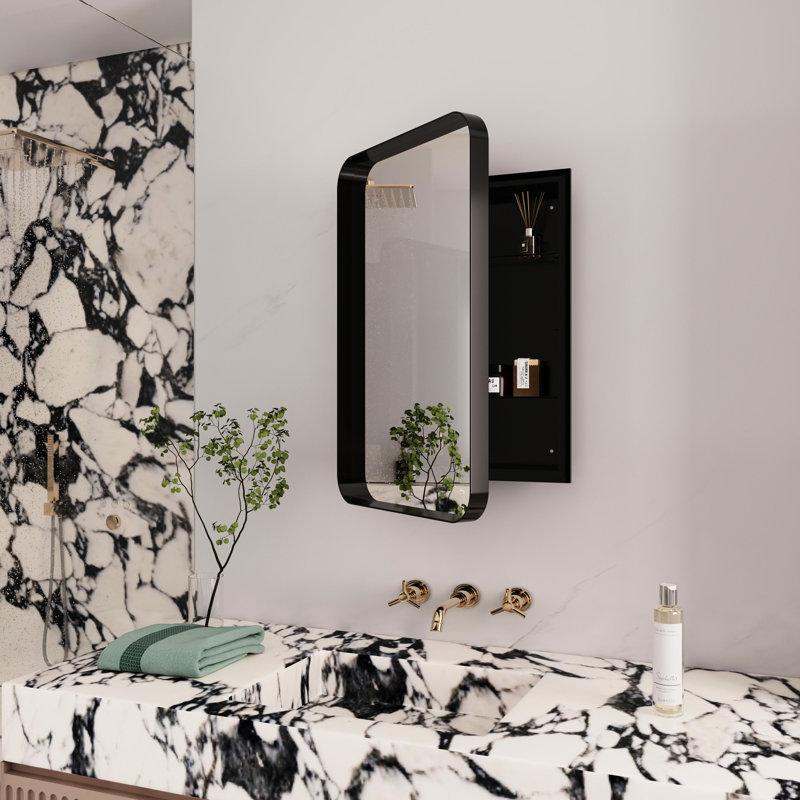 Armoire à pharmacie de salle de bain avec tablettes réglables - cadre en métal noir encastré 16 po x 24 po, Noir