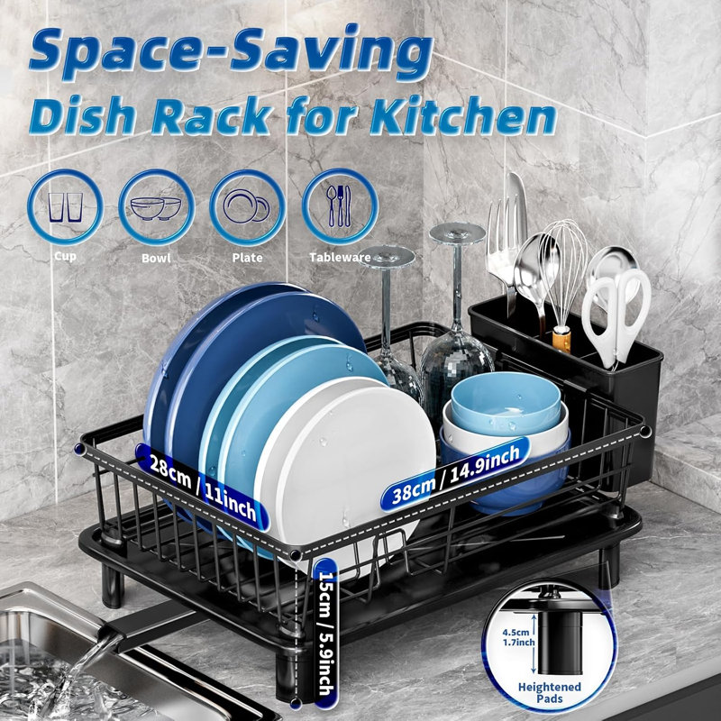Dish Drying Rack for Kitchen Counter,Stainless Steel,Black Space Saving,New Drain Outlet,Rotating Spout & Angled Drainboard