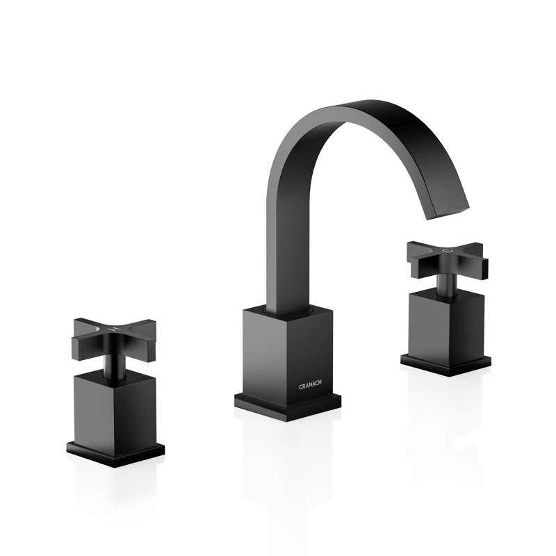 Rugen Widespread Faucet with Drain, Bathroom Sink Faucet 3-Hole, 2-Handle Waterfall Matte Black Faucet, Ceramic Cartridge & Valve Included, Bathroom Fixtures