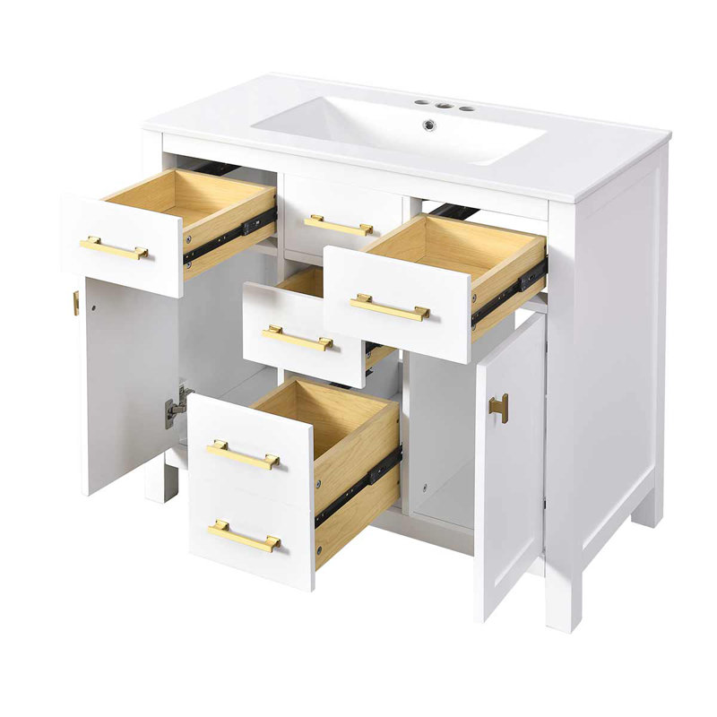 Meuble-lavabo autoportant moderne 36 po avec lavabo en céramique, 4 tiroirs et 2 armoires Modern, Blanc