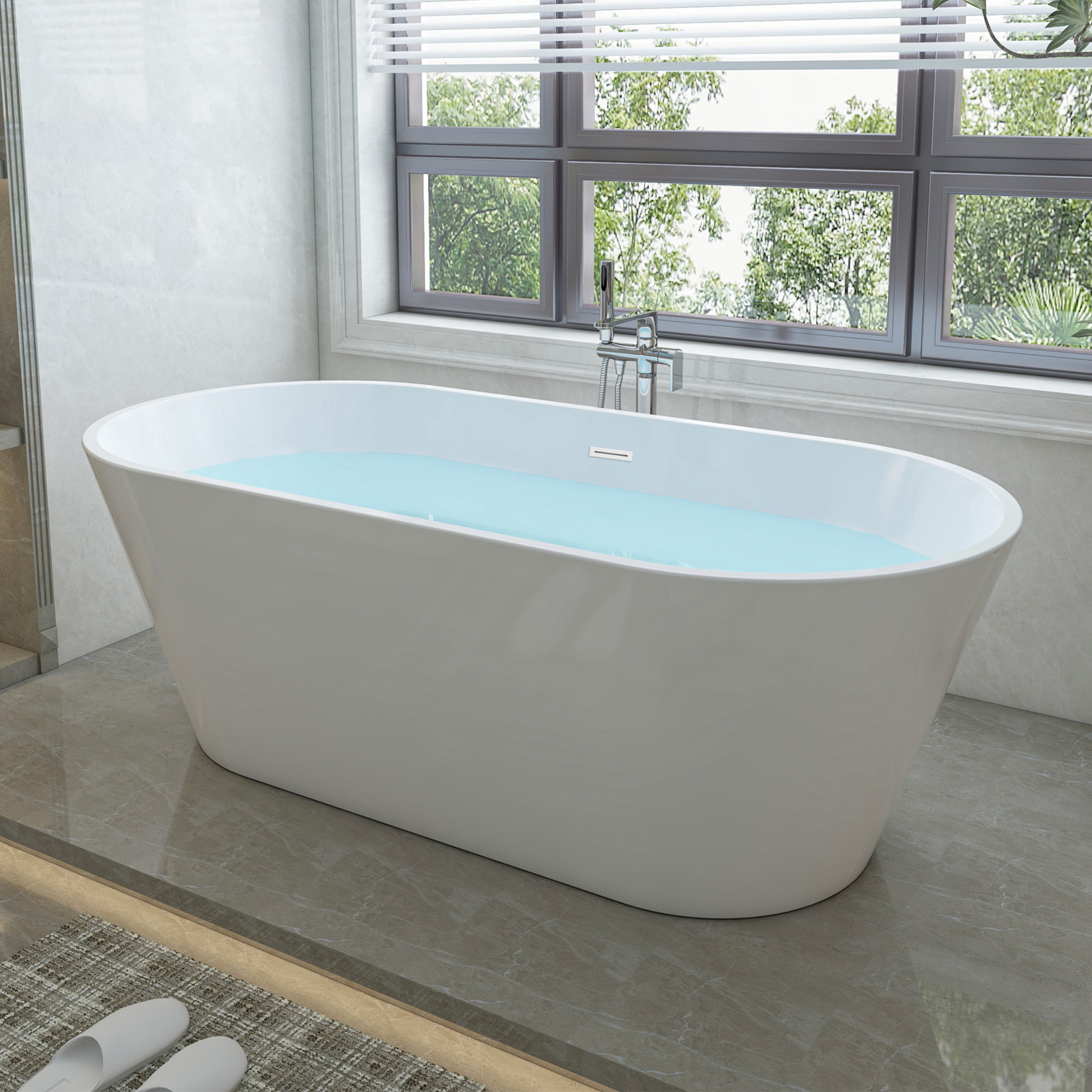 Iris 59" Freestanding Soaking Acrylic Bathtub, Pure White
