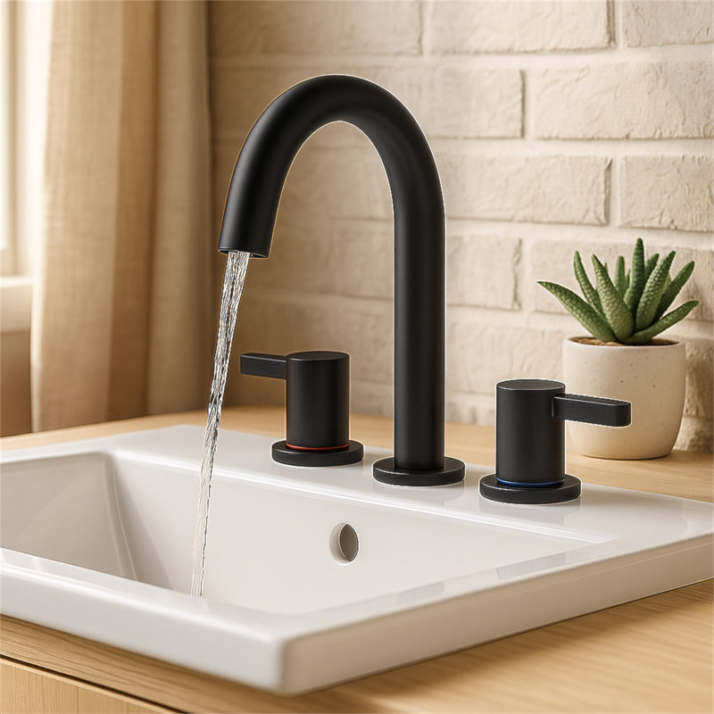 Robinet de lavabo surdimensionné de 8 pouces, 3 poignées à 3 trous avec lavabo à 360 ° et bonde escamotable, Noir mat