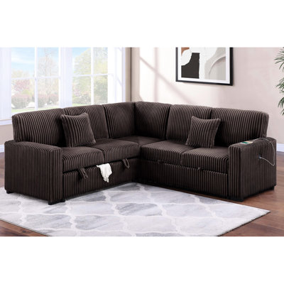 Canapé d'angle convertible 3 pièces de style moderne avec rangement réversible et lit gigogne, couleur bâbord, finition chocolat, revêtement en fibres, idéal pour le salon, rangement, velours côtelé, ressorts.
