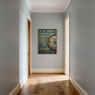 «In the l'inconnu, nous découvrons notre chemin, parcourons votre destinée, boussole et texture de bois», reproduction d'art sur toile tendue sur toile