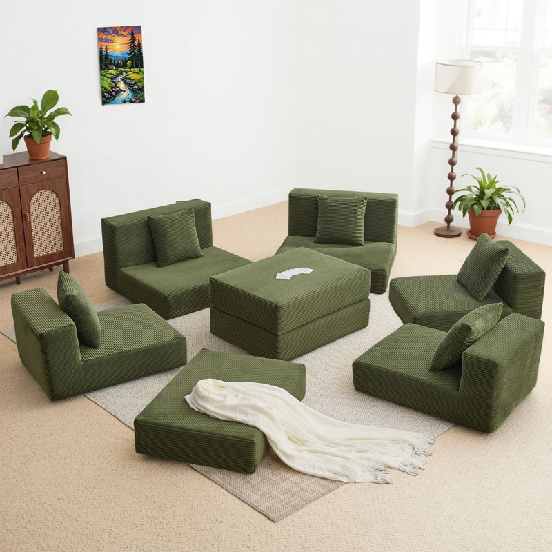 Canapé-lit vert en velours côtelé convertible 10-en-1 avec coin en forme de L, poches latérales et 6 coussins décoratifs, sans assemblage, convient à divers besoins de la maison