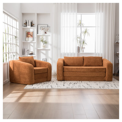 2-Piece Foldable Chenille Sofa Bed Set, Convertible Living Room Couch in Orange