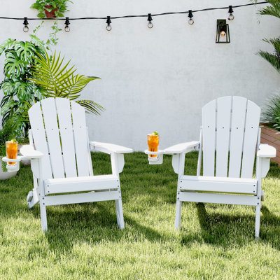HDPE Folding Outdoor Adirondack Chair With Cup Holder (Set Of 2)