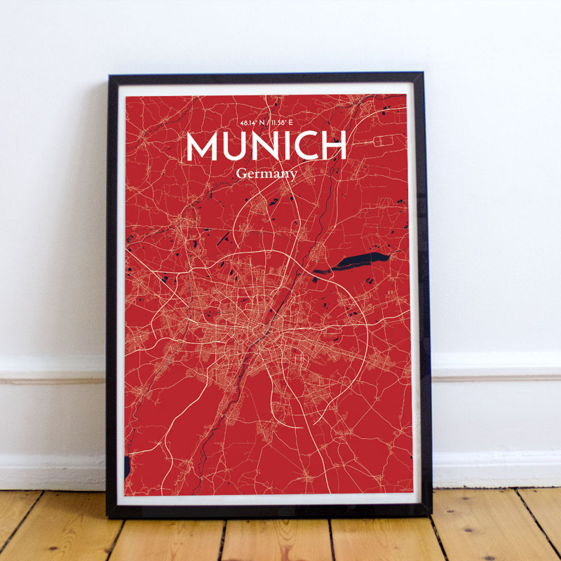 Munich City Map - No Frame Print, 91.4cm H x 61cm W x 0.13cm D, Pink