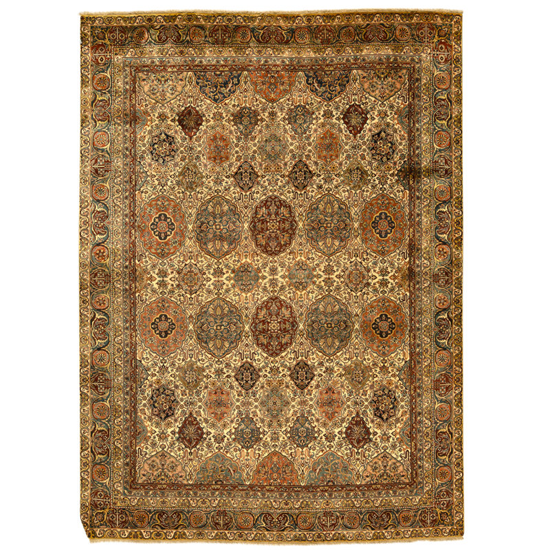 Tapis crème et bleu noué à la main de haute qualité