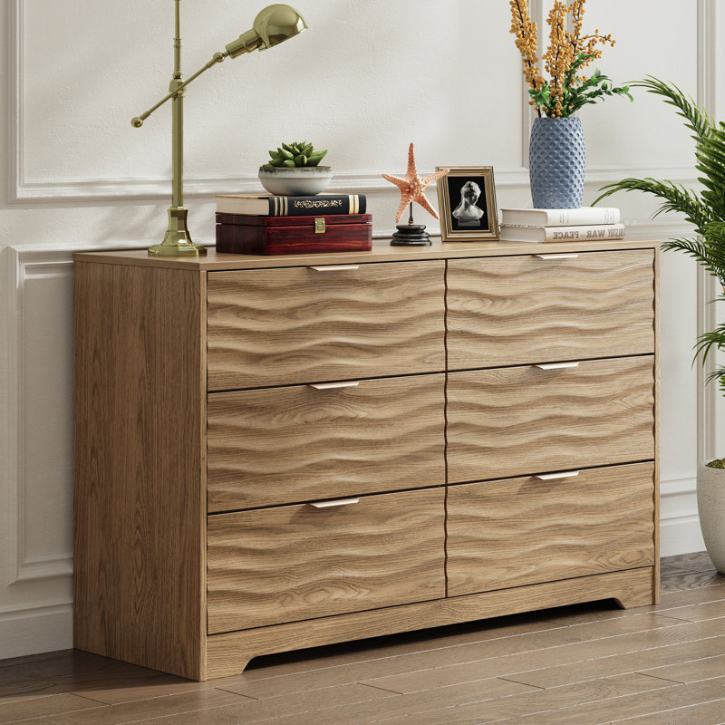 Commode Nidovia de 122 cm de large à 6 tiroirs, idéale pour la chambre et le salon, couleur noyer., Bois de noyer