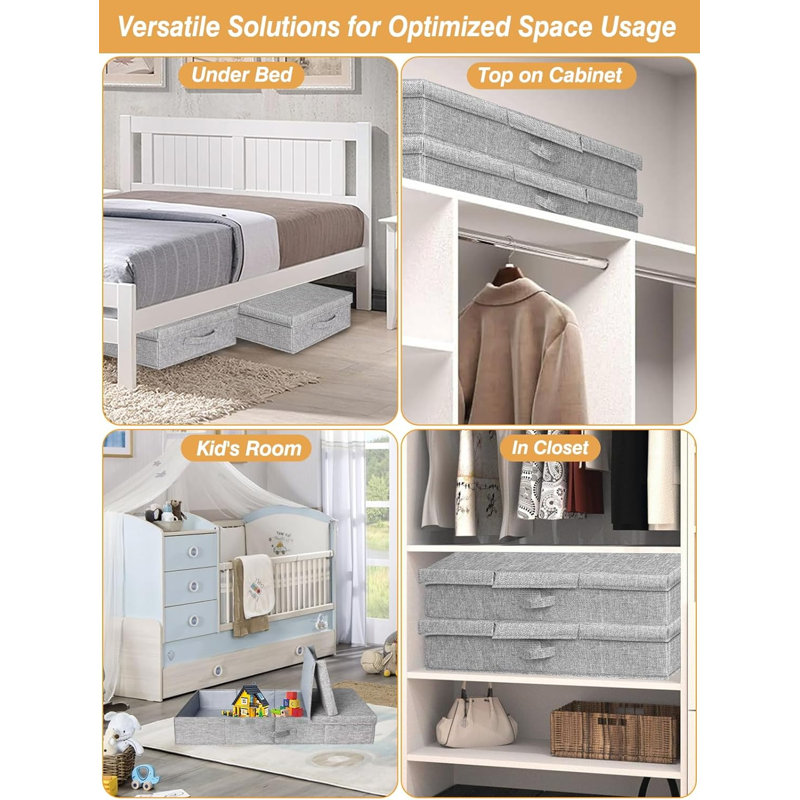 Under Bed Storage With Lids, 2 Pack Large Underbed Storage Containers Clothes W/ 3 Handles, Foldable Low Profile Stackable Drawer Organizer Bins Box For Blanket Shoe Bedroom, 31.1*15.7*6Inch
