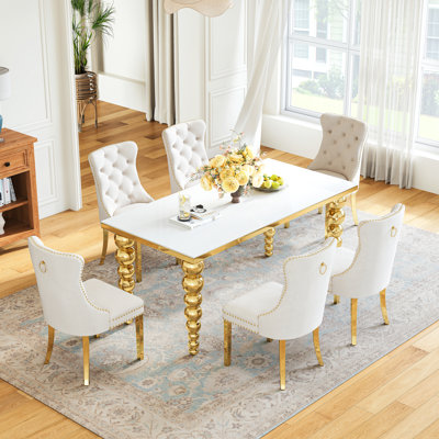Modern Dining Table Set For 6, Luxurious Stainless Steel Legs And Tempered Glass Table, 6 Upholstered Velvet Dining Chairs With Nailhead Trim