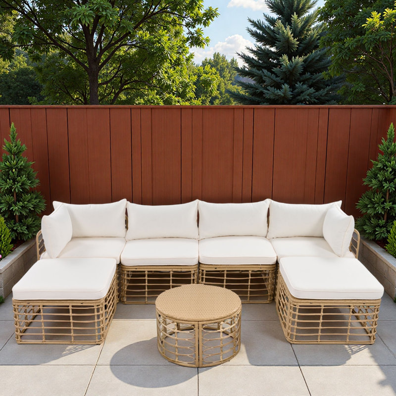 7 Pieces Outdoor Patio Rattan Sectional Sofa Set With Thick Cushions, Pillows, Hollow Woven Design And Adjustable Feet, Beige