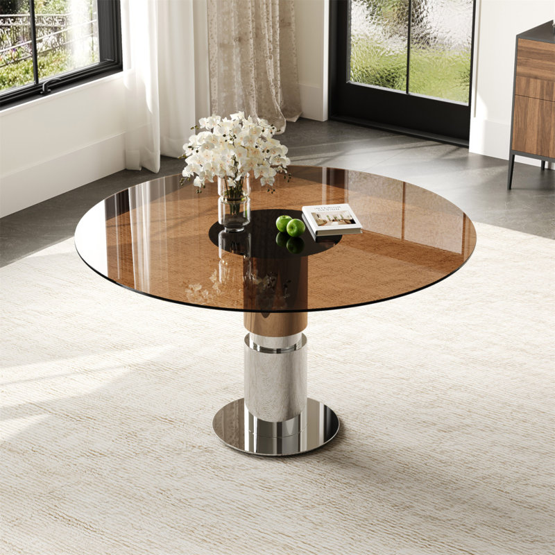 Table de salle à manger ronde en verre de 89 cm (35 pouces), dessus en verre trempé, pieds en acier inoxydable, idéale pour 2 à 4 personnes. Petite table ronde brun foncé, parfaite pour les restaurants et les appartements.