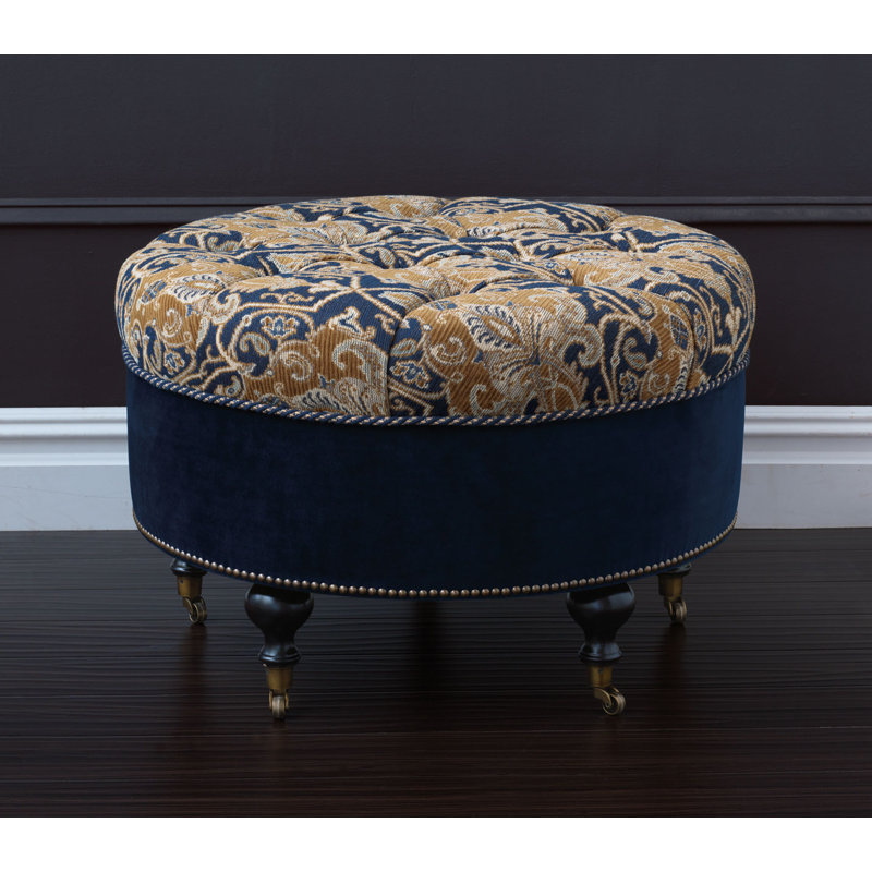 Arthur Gold and Navy Velvet Round Tufted Ottoman